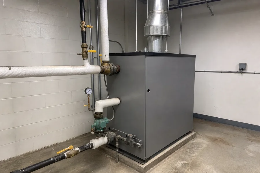 A floor-standing gas boiler on a housekeeping pad in a mechanical room, its flue rising into a galvanized vent and insulated supply and return piping run to the wall
