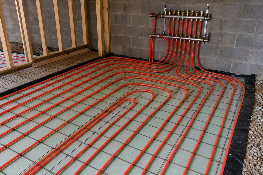 Red in-floor heating tubing tied in loops to a wire mesh grid over foam insulation board, the loops returning to a wall-mounted manifold, before the concrete is poured
