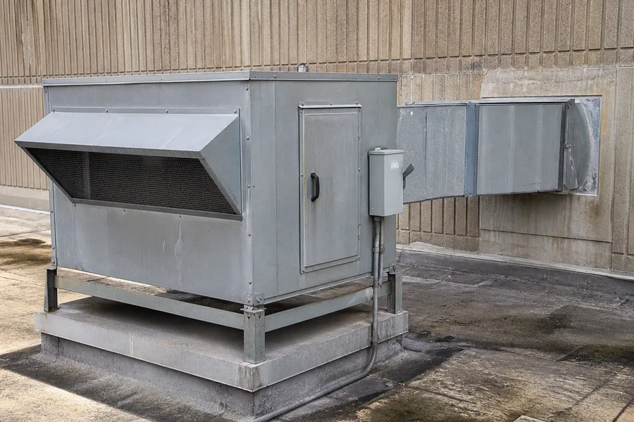 A make-up air unit on a steel stand outside a commercial building, its sloped intake hood on one end and galvanized supply duct running into the wall