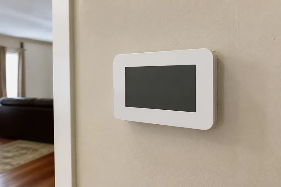 A wall-mounted programmable thermostat on the painted wall of a hallway, its screen dark, with a living room beyond