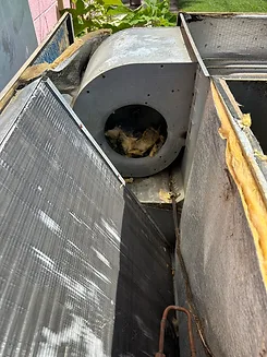 Opened commercial package unit showing a blower housing with deteriorated insulation